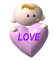 A pixelated baby figure with blonde hair holds a pink heart-shaped object displaying the word 'LOVE' in purple text.