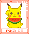 Pixelated yellow Pokémon with brown-tipped ears holds a watermelon slice, framed by red border with white background.