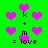 Green background with pink heart shapes and black text reading 'k + m = love' repeated in a pattern