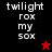 Four display text 'twilight rox my sox' with star symbols changing from red to black across backgrounds