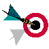 Pixelated animation of a blue-green arrow piercing circular targets, with red and black rings changing between frames.