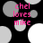 Black background with scattered gray and white circles; pink text 'chel loves mike' in three lines, animated circle positions change across frames.