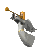 Pixelated angel figure in gray robe with gold accents plays golden horn, wings and robe shift