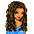 Pixel art contact sheet showing a female character in blue dress with brown hair across multiple frames including full-body, torso, head, and legs.