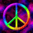 A rainbow-colored peace symbol icon with a pixelated background of dark purple and pink hues.