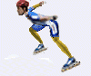 Animated sequence of a skater in blue and yellow uniform performing dynamic skating poses with red helmet.