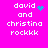 A bright pink background displays four identical text blocks with 'david and christina rockkk' in white pixelated font, each featuring a different cyan animation effect near the word 'david'.