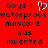 Red background with black pixelated text and a white heart-shaped icon, showing two versions of the phrase 'Boys r waterproof mascara was invented' side by side.