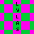 Green and pink pixelated with vertical text 'LYLAS' repeated, transitioning from square to diamond-shaped