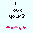 Pixelated text 'i love you<3' above five pink hearts on light blue background, with animation changing heart positions.