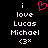 Pixelated text and symbols on black background with pink heart symbol above 'i love Lucas Michael <3x' in white pixel font.