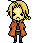 Pixel art character with blonde hair and orange coat in multiple poses showing weapon and expression changes.