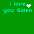 Green background with cyan text reading "i love you Galen" and animated pixel effects on the heart and text.