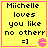 Yellow square with pink border containing black text "Michelle loves you like no otherr =]" and a pink Pac-Man icon, displayed in four identical