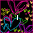 Animated icon with black background, pink and blue heart outlines, yellow and orange floral shapes, and changing text elements.