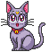 Pixel art cat with purple body, pink inner ears, red collar with yellow gem, and closed eyes in some frames.