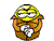 Yellow cartoon character with large eyes and orange body holding white object, transitioning to open-armed pose.