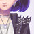 Pixelated image of a figure with purple hair holding a dark, castle-like structure against a light background.