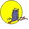 Animated sequence of a cartoon bird with blue-gray body and orange beak flying against a large yellow circular background on gray field.