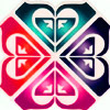 Four heart-shaped segments in red, teal, purple, and magenta form a symmetrical floral pattern with white outlines and internal 'F' symbols.