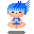 A 4-frame pixel art contact sheet showing a blue-haired cartoon character in various poses and expressions with subtle animation changes across frames.