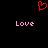 Red pixelated heart symbol above two pink 'Love' text instances on black background.