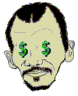 A cartoon head with light skin, black hair, and a goatee appears in showing eye symbols changing from dollar signs to question marks