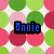 Pixelated text on a colorful polka-dot background with blue letters spelling out names and phrases.