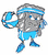 Pixelated cartoon character with gray body and blue accents holding a curved object, displayed on white background.