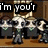 Pixelated character in dark uniform with green accents stands on wooden floor, surrounded by identical figures under changing text overlays.
