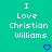 Two identical pixelated text on a teal background, each displaying 'I Love Christian Williams' with blue heart symbols below