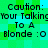 Pixelated text on a green and cyan checkered background repeats 'Caution: Your Talking To A Blonde :O' in two identical horizontal sections.