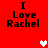 Red background with four identical text blocks reading "I Love Rachel" and three pixelated hearts in white, light pink, and dark pink.