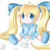 Pixelated cartoon character with long blonde pigtails tied with blue ribbons, blue eyes, light blue dress, and blue shoes, sitting against a white background.
