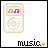 Pixel art animation of a beige music player icon with musical note symbols and "music." text, cycling through four frames showing color changes in the notes and text accent.