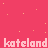 Pixelated pink background with scattered yellow stars and two lines of repeated light pink text reading 'kateland kateland'.