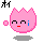 Pixelated pink character with cat ears, red mouth, and blue eye-like mark on right side; two versions show different facial expressions against gray background.