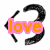 A static icon with a black curved shape, pink 'love' text overlay, and three small icons below blue 'happiness' text on gray background.