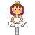 Pixel art doll avatar in white tutu with yellow crown, showing multiple dance poses against gray background.