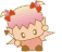 Pixelated character with pink hair and red bows, wearing a pink top and brown shoes, shown in four poses against gray background.