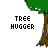 Pixelated stick figure walks toward tree, hugs it with arms outstretched, then steps back while text "TREE HUGGER" appears above.