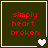 Four dark green square with red text 'simply heart broken' and varying white heart symbols at bottom-right corners