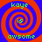 Four identical spiral-patterned icons arranged in a , each displaying green text on blue and red background