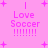 Pink background with four identical text blocks reading "Love Soccer !!!!!!!!" surrounded by plus signs and vertical lines.