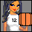 A 4x3 contact sheet of a pixel-art animated icon featuring a cartoon woman with long dark hair, blue eyes, and red lips holding an orange basketball-like object, with the text "got game?" in the bottom-right frame.