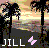 Pixelated landscape with trees, water, and sky; white text 'JILL' and pink butterfly symbol on dark foreground.