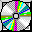 Six circular pixelated icons arranged in a , each with a central square hole and alternating gray/white checkered and solid white segments surrounded by rainbow-colored stripes
