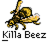 Animated contact sheet showing sequential frames of a pixel art icon featuring yellow bees, black silhouettes, and repeated text "Killa Beez" on gray background.