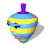 Animated spinning top icon with blue and yellow stripes, purple top, and facial features across multiple frames showing rotation and expression changes.