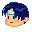 Pixel art character with dark blue hair and light skin, showing multiple facial expressions including smiling, blushing cheeks, and a red spark effect near the mouth.